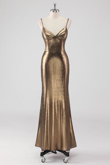 Gylden Havfrue Spaghetti Stropper Beaded Lang Formell Kjole